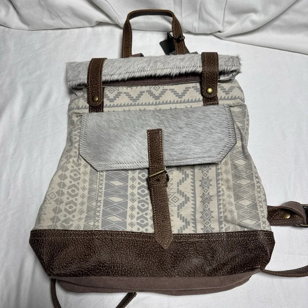 NEW Myra Classy Southwest Backpack Canvas Leather Hide Upcycled Bag